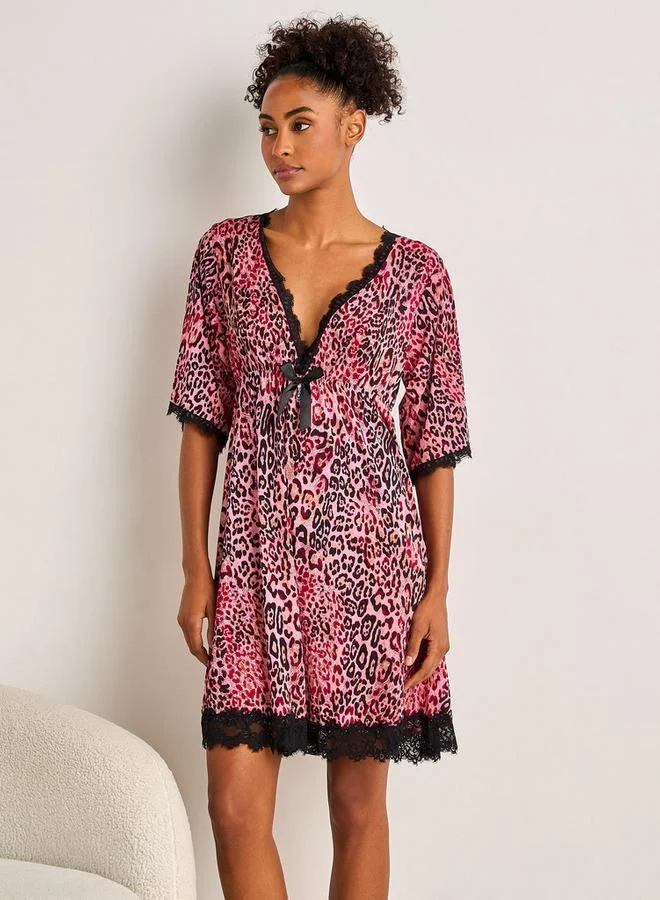 سبلاش فيڤ Night Dress with Animal Print and Lace Detail